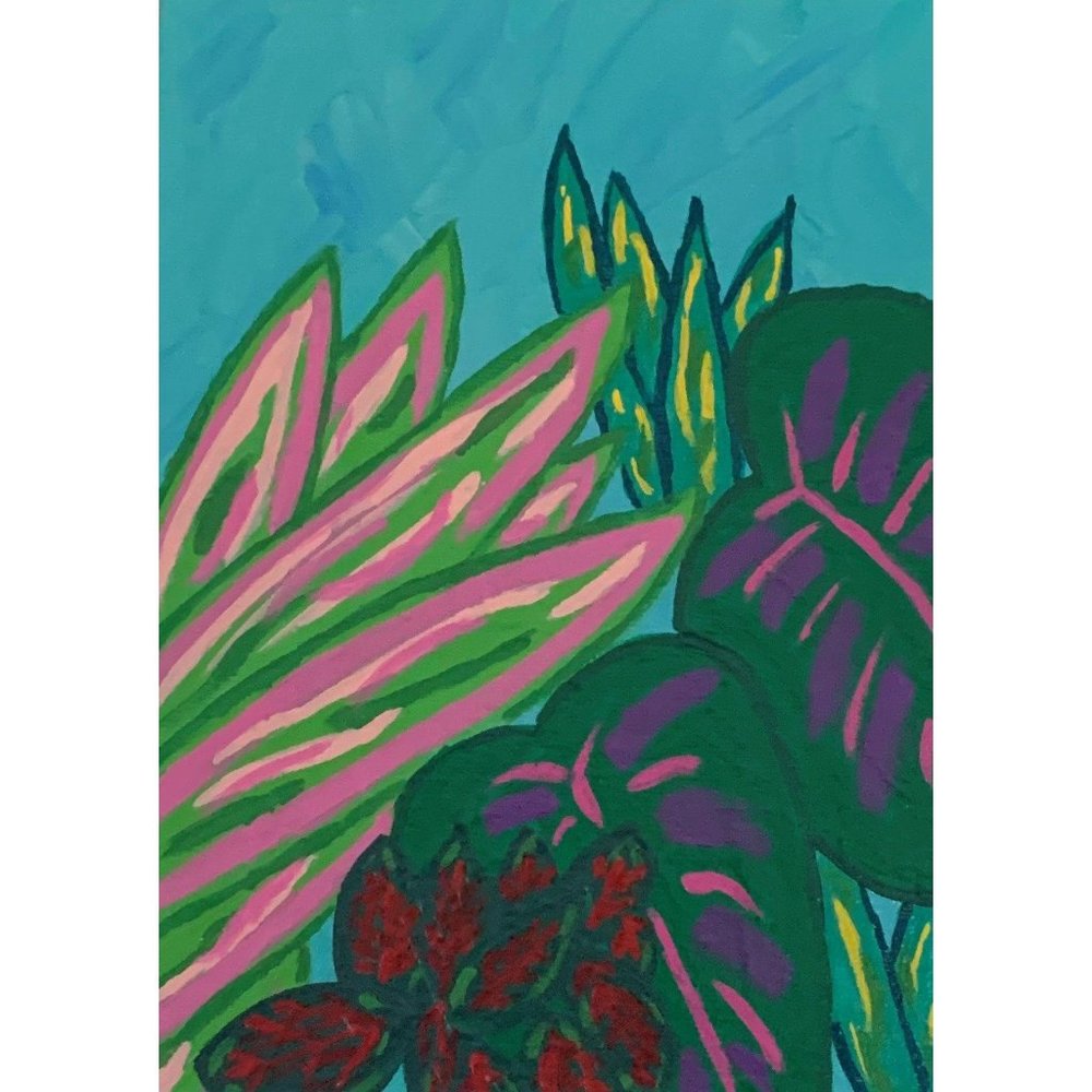 Tropical Leaves, Original Acrylic Painting, 5 x 7